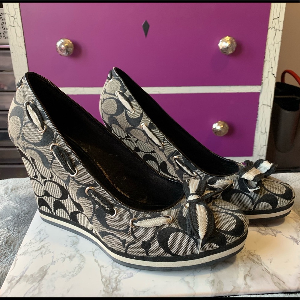 Coach Signature Print Black and White Wedges